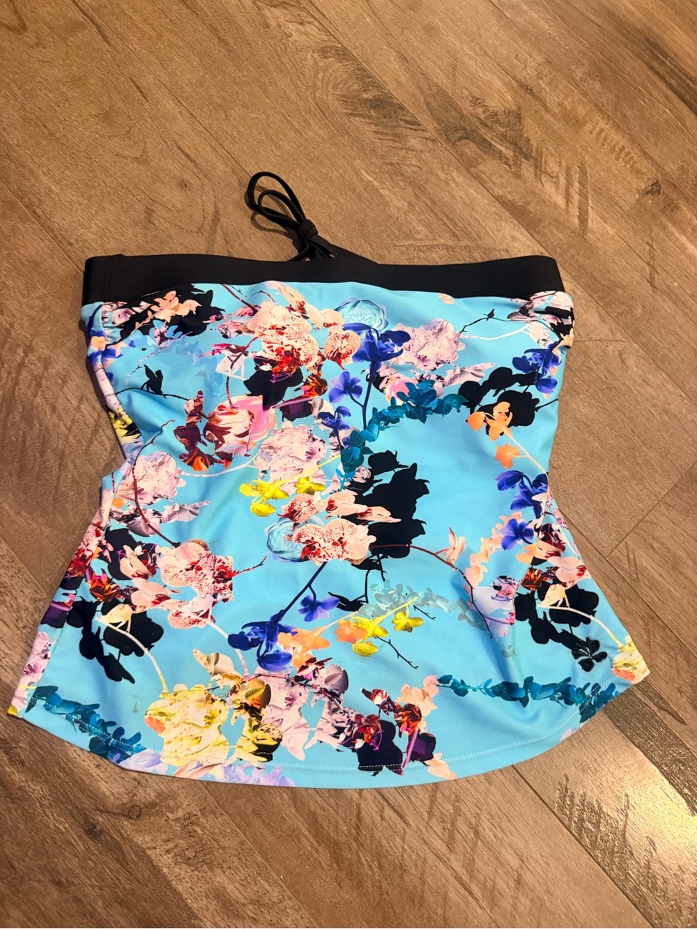 Hapari Black and Turquoise Swim Top with Floral Print